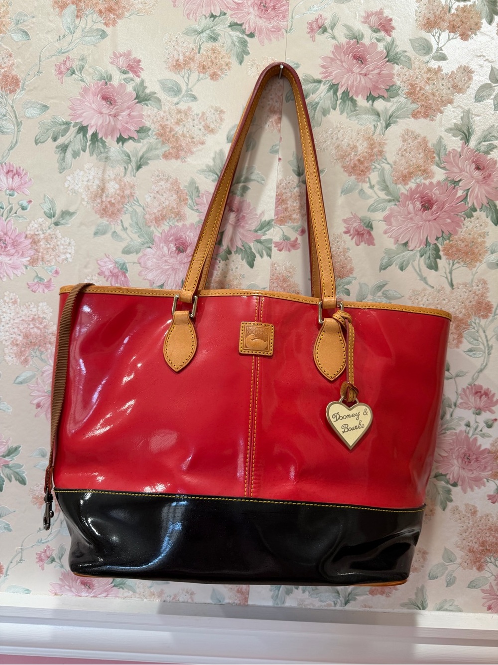 Dooney & Bourke Red, Black Patent Leather Two-Tone Tote with Tan Handles